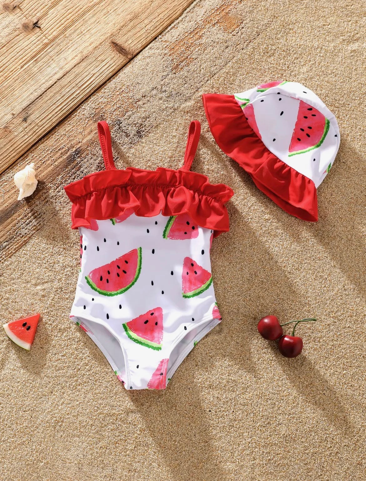 Baby Girl Watermelon Print Ruffle Swimsuit W/Hat