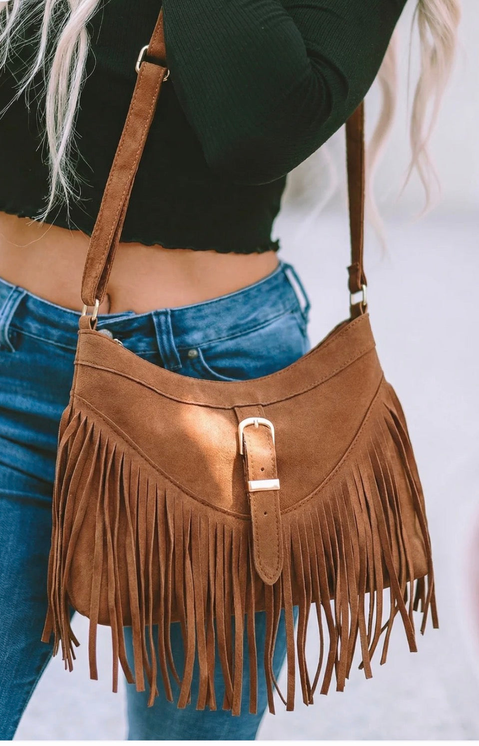 Faux Suede Boho Fringe Shoulder Bag