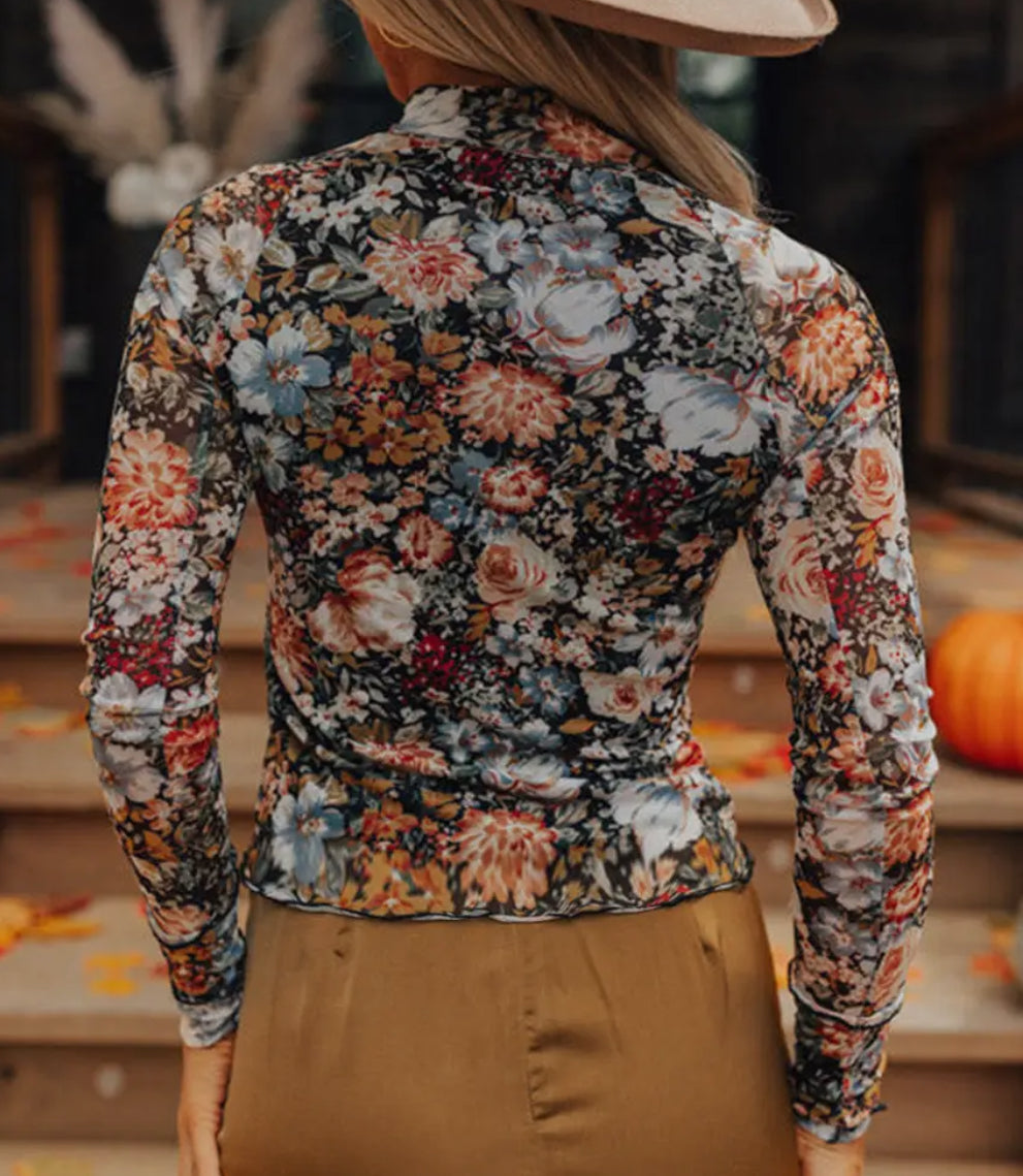 Floral Mesh High Neck Long Sleeve Sheer Top