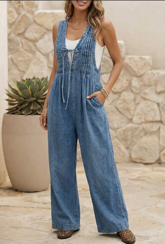 Western Acid Wash Pintuck Jumpsuit