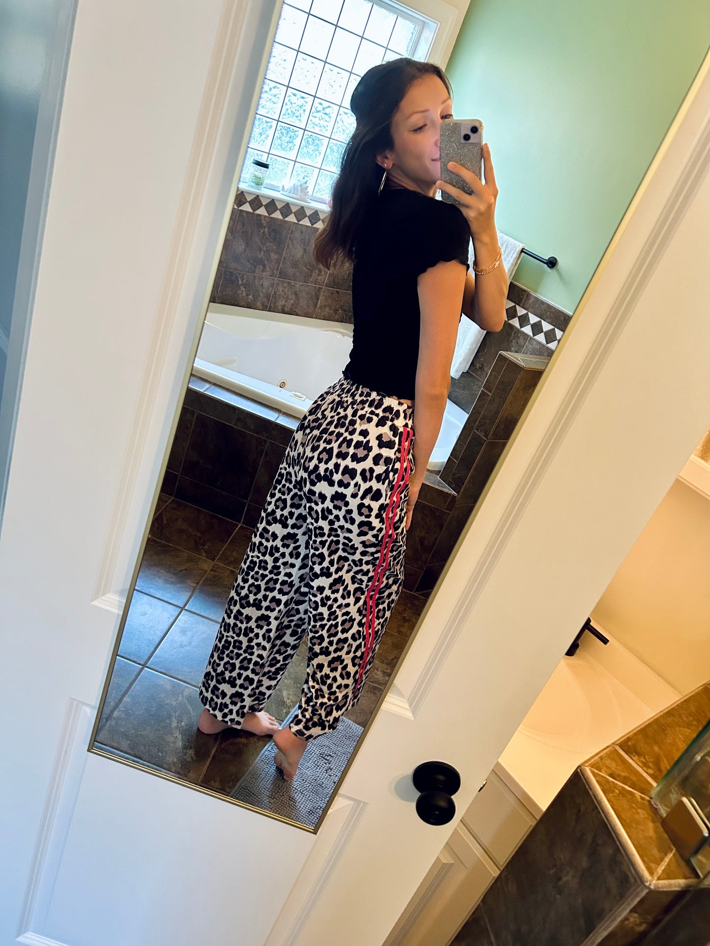 Tie Waist Pink Stripe Leopard Pants