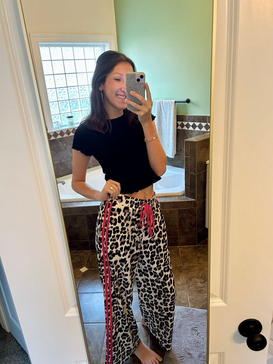 Tie Waist Pink Stripe Leopard Pants