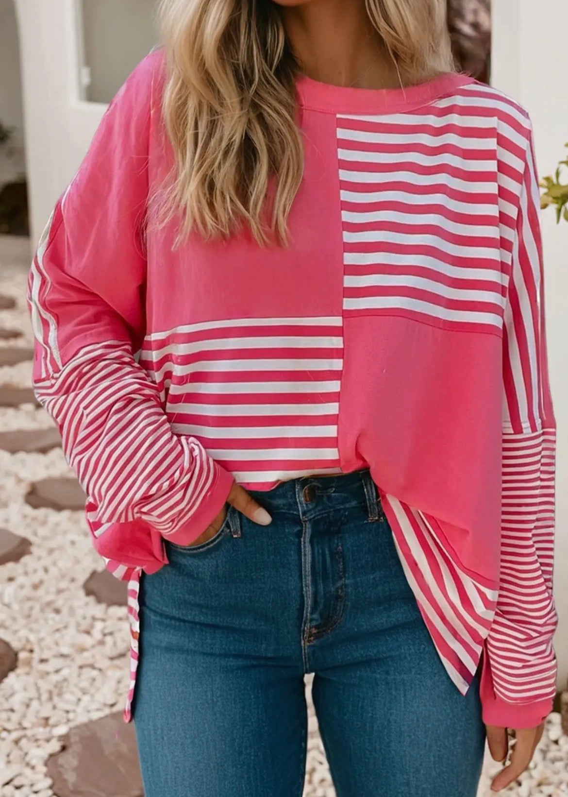 Pink Block & Patchwork Long Sleeve Tunic Top