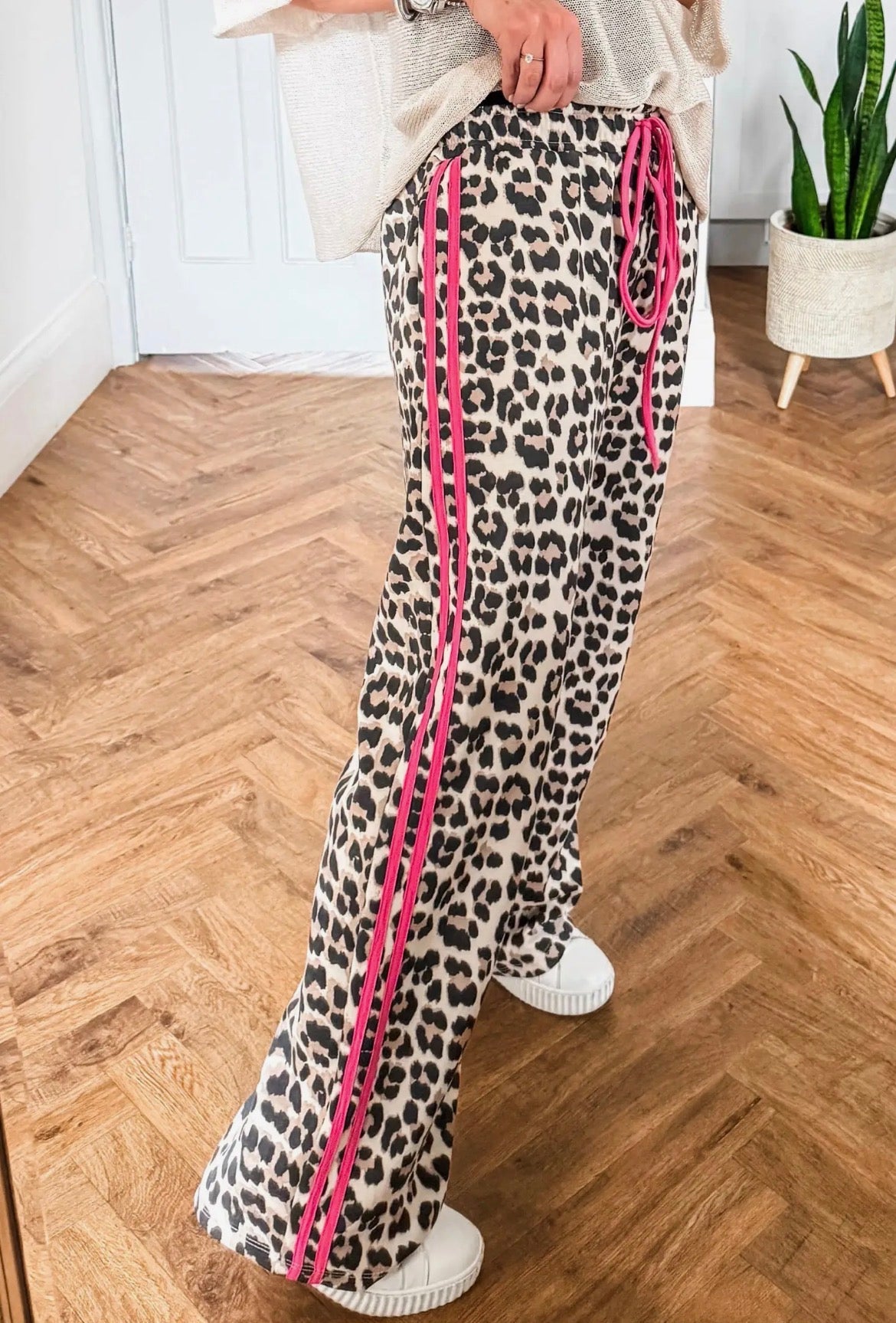 Tie Waist Pink Stripe Leopard Pants