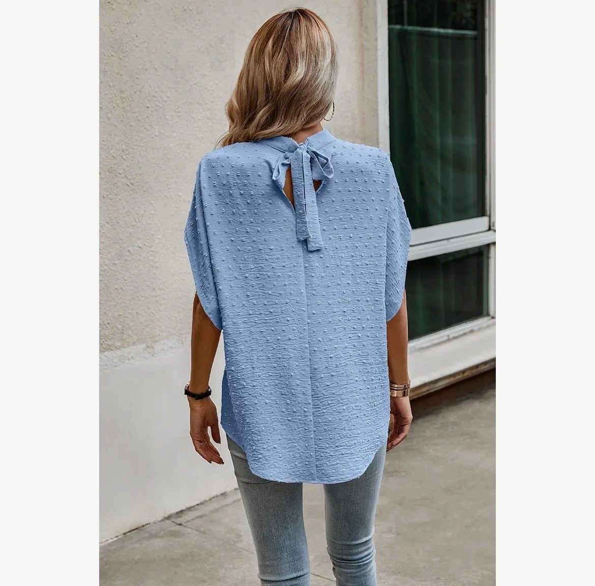 Swiss Dot Mock Neck Drop Shoulder Blouse