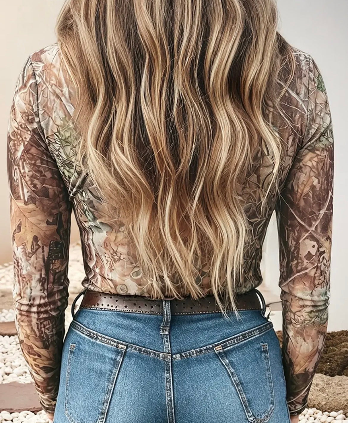 Camo Print Mesh Mock Neck Top