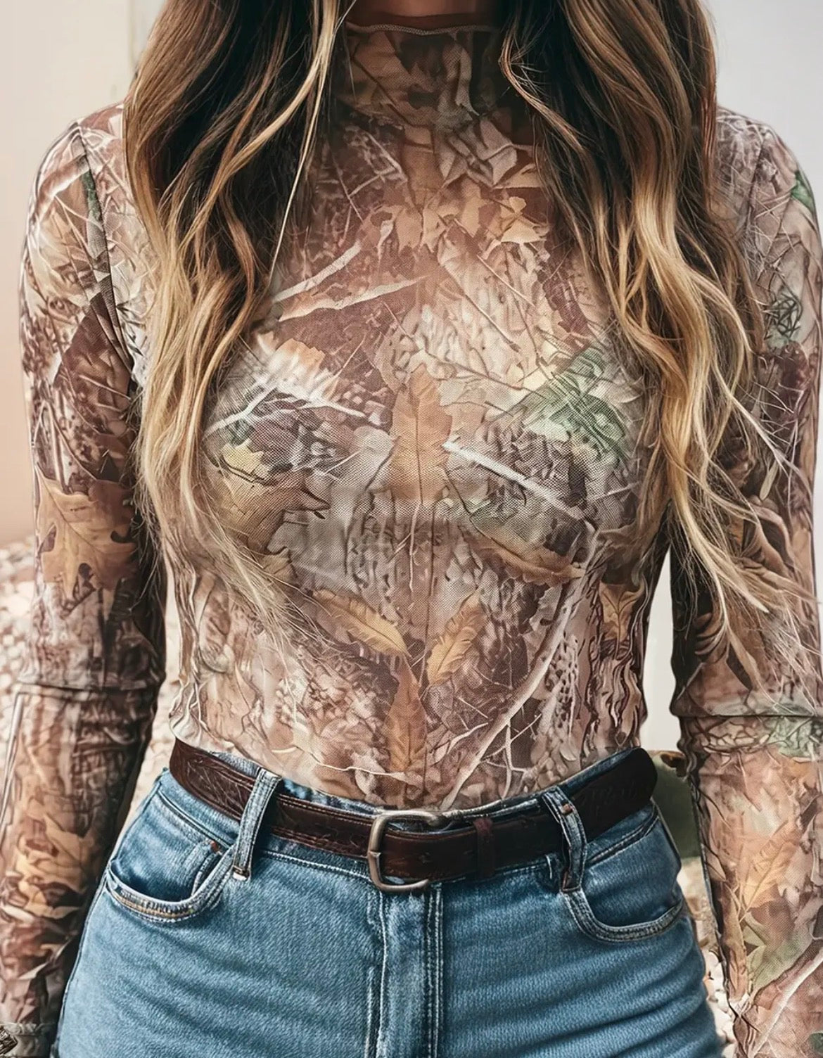 Camo Print Mesh Mock Neck Top