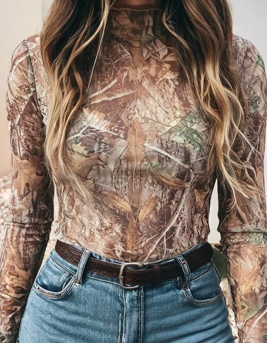 Camo Print Mesh Mock Neck Top