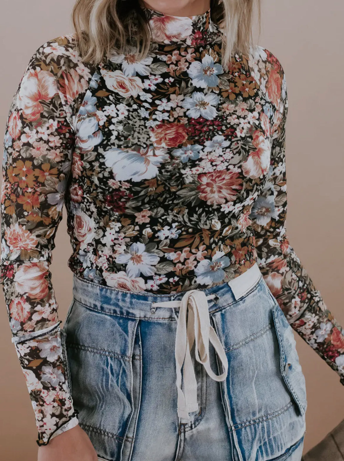 Floral Mesh High Neck Long Sleeve Sheer Top