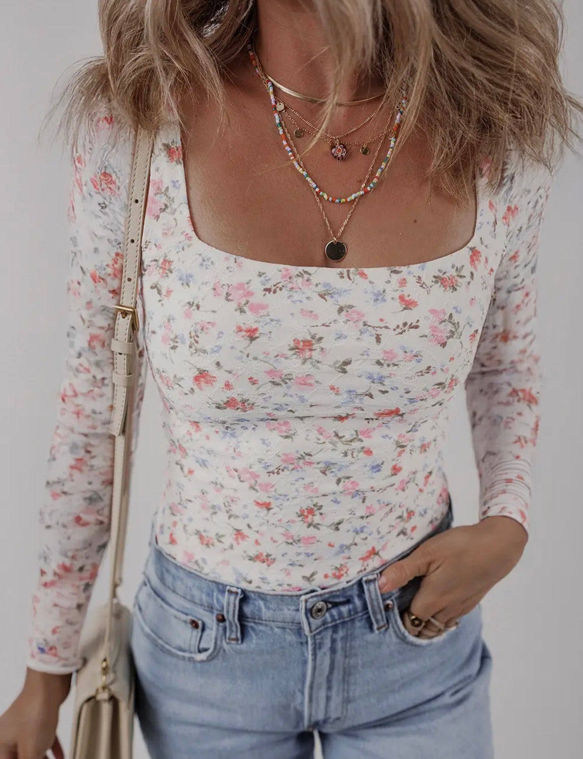 Floral Print Square Neck & Textured Top