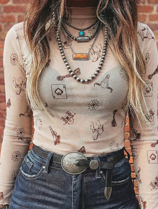 Western Print Mesh Mock Neck Top