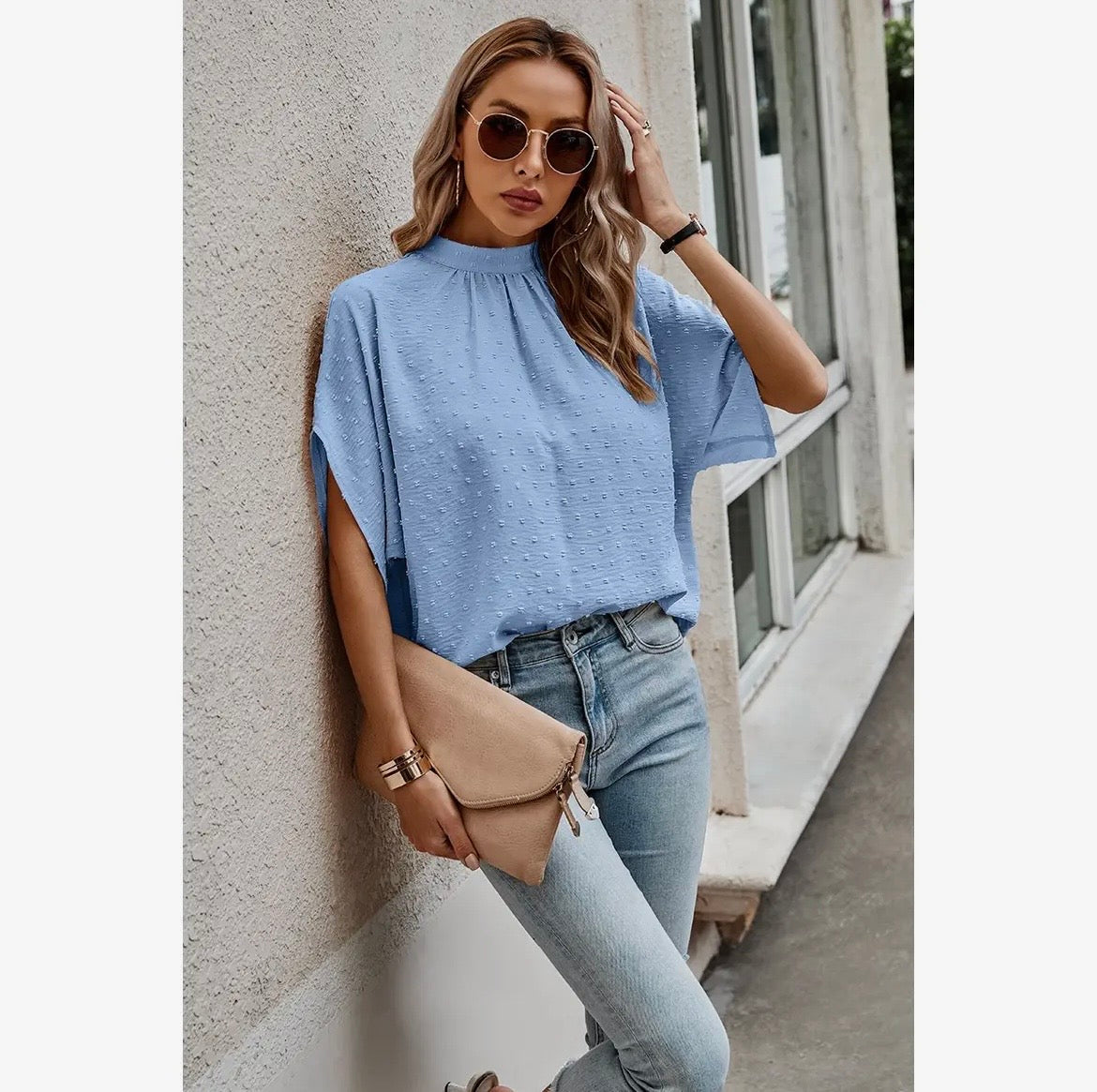Swiss Dot Mock Neck Drop Shoulder Blouse