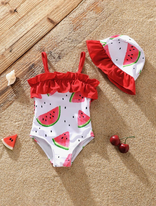 Baby Girl Watermelon Print Ruffle Swimsuit W/Hat