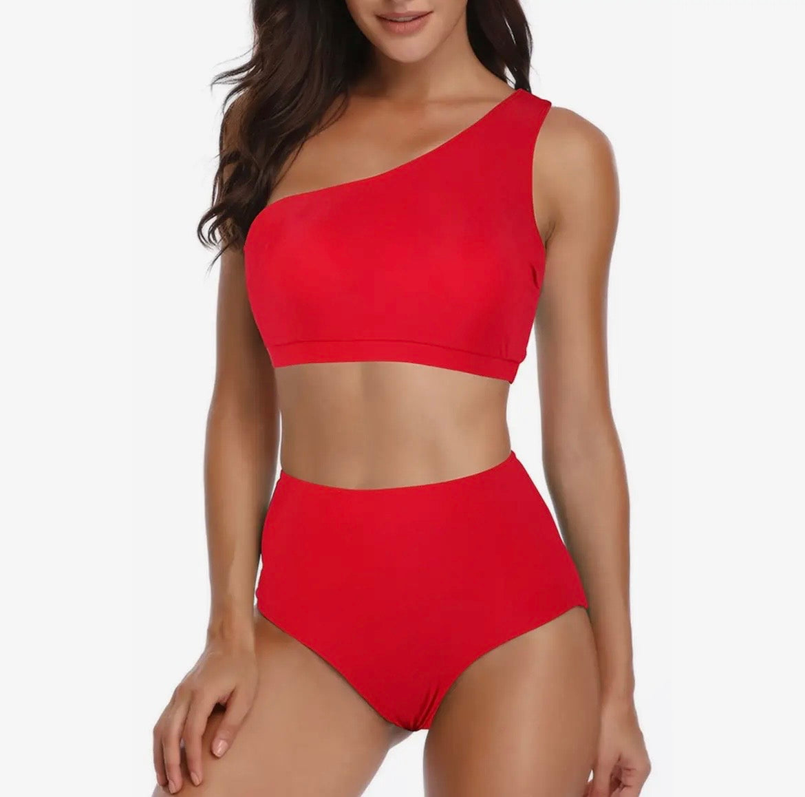 Solid Two Piece One Shoulder High Cut Swimsuit