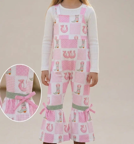 Girls Pastel Bow Rodeo Flare Overalls