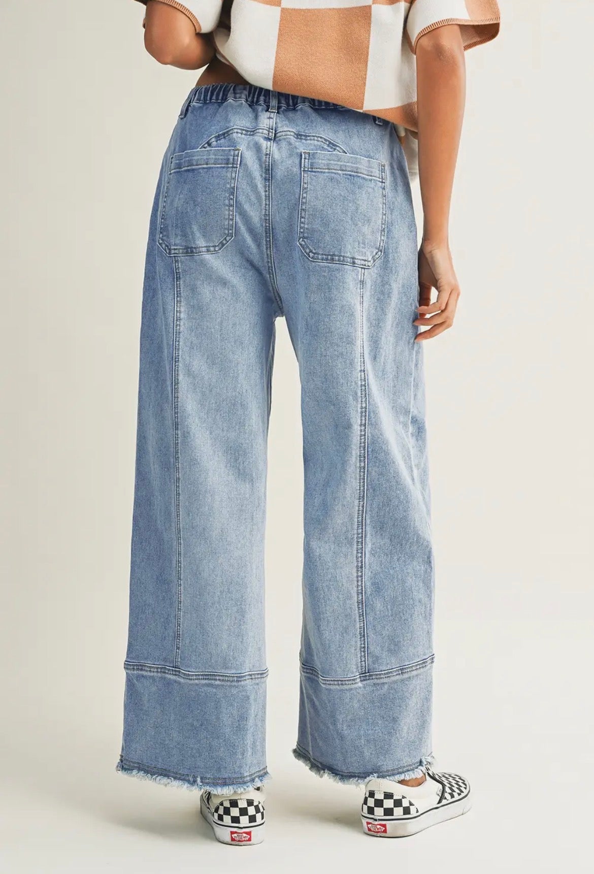 Drawstring Wide Leg And Raw Hem Denim Pants