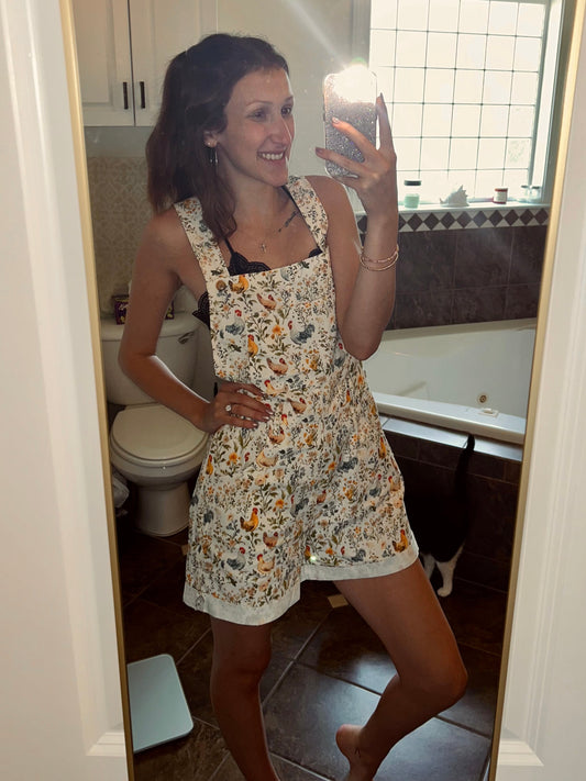 Rooster And Floral Print Short Overalls