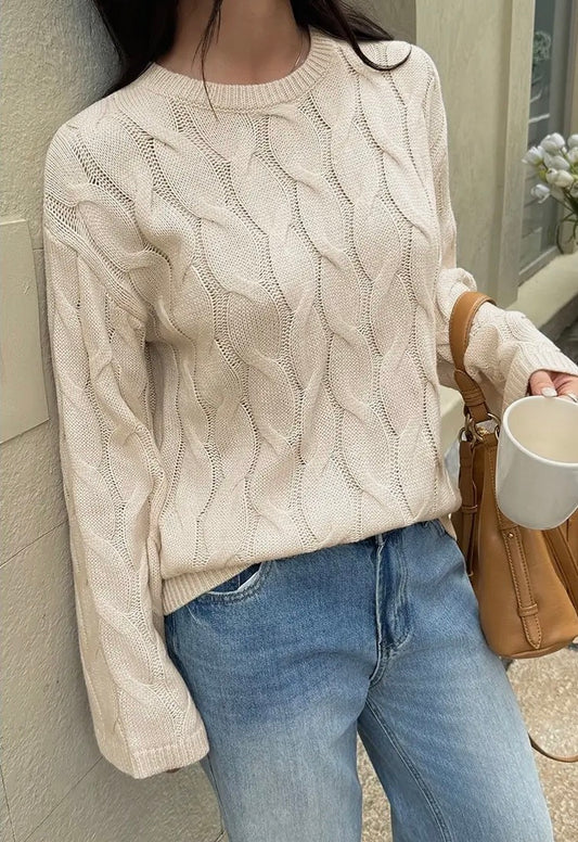 Cream Round Neck Knitted Loose Sweater