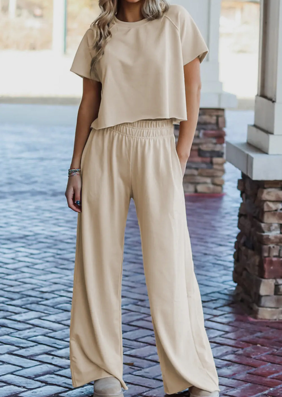 Raw Hem Loose Tee And Wide Leg Pants Set