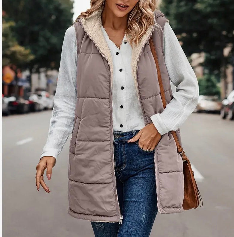 Faux Fur Zipper Front Vest W/ Hood