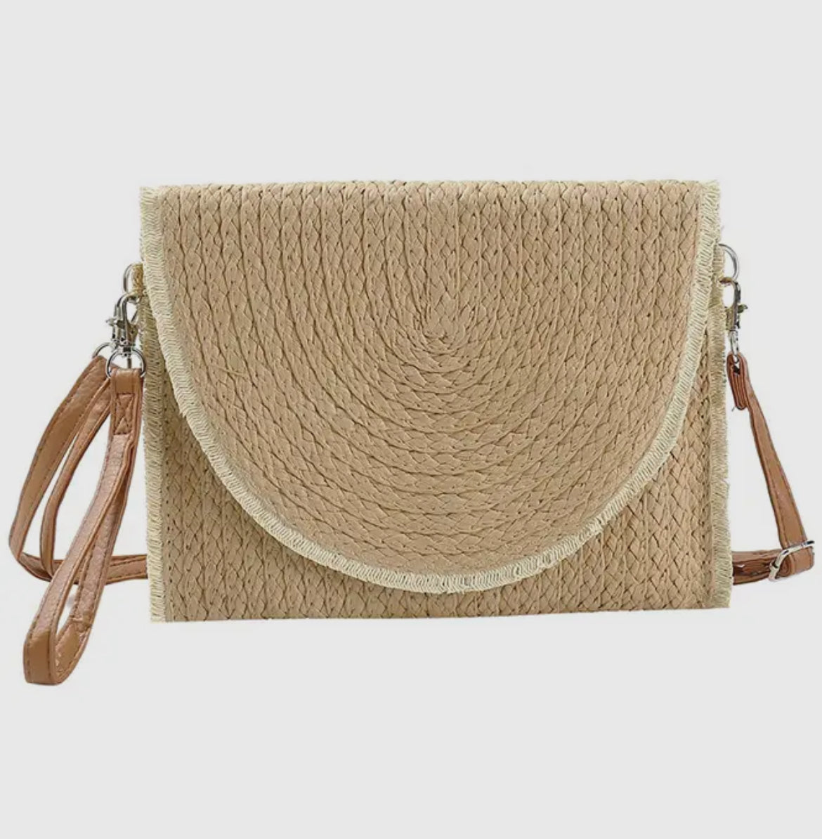 Frayed Trim Two Tone Straw Clutch & Crossbody Bag