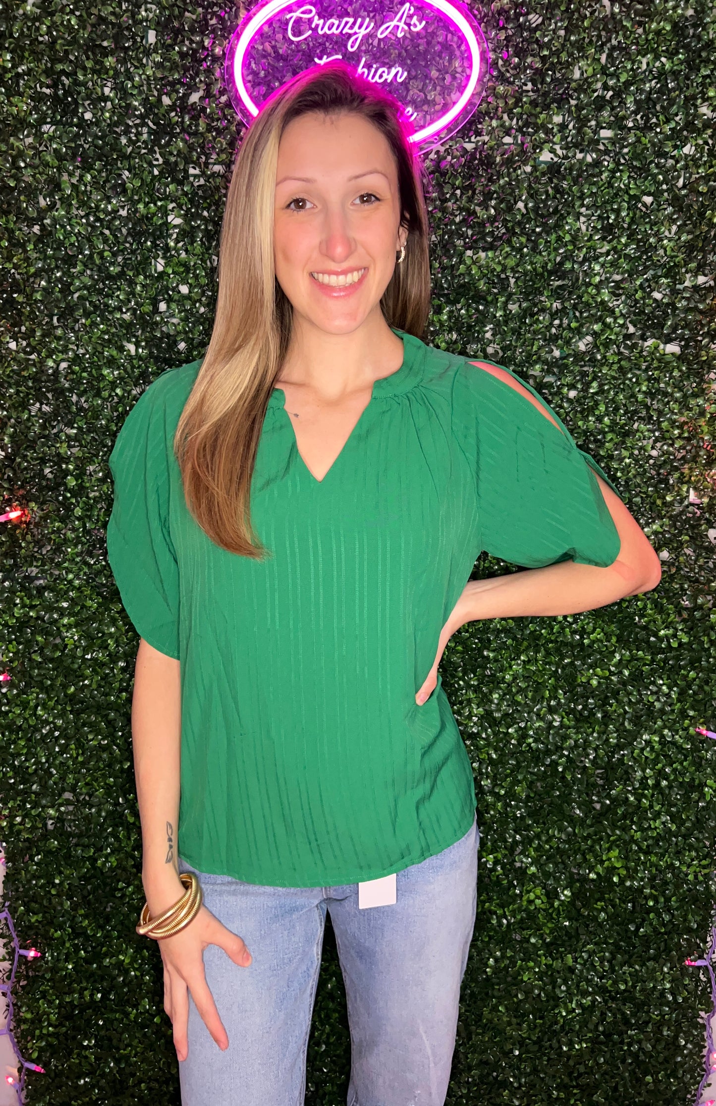 Pleated V Neck Open Shoulder Solid Blouse