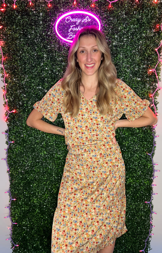 Floral Print Ruffle Sleeve Midi Dress