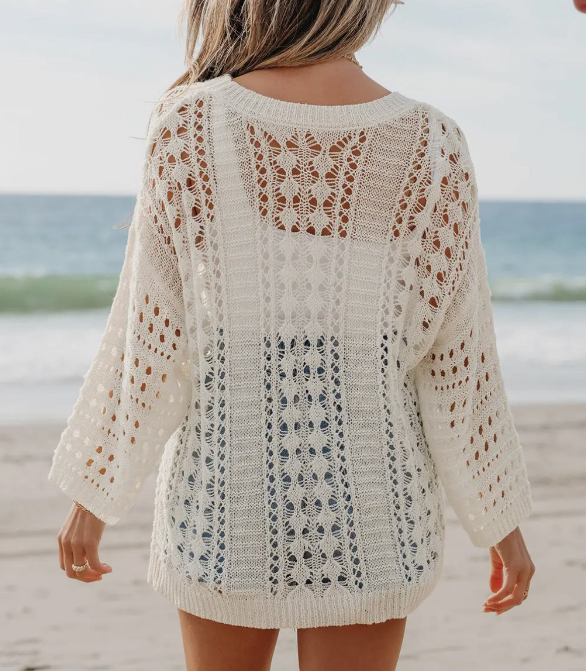 Hollow Out Knit Long Sleeve Drop Shoulder Sweater