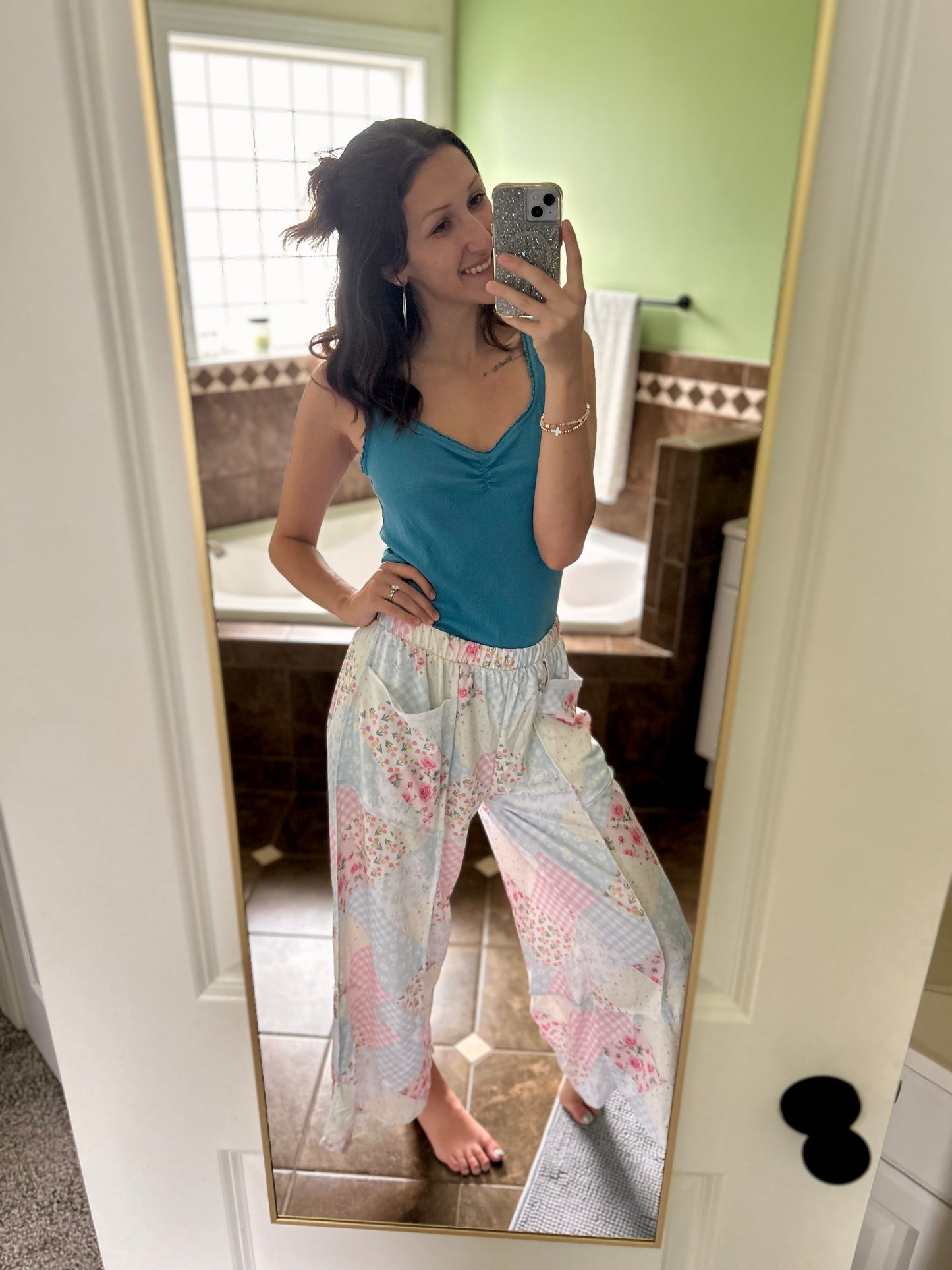 Floral Patchwork Reverse Stitch Wide Leg Pants