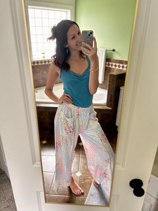 Floral Patchwork Reverse Stitch Wide Leg Pants