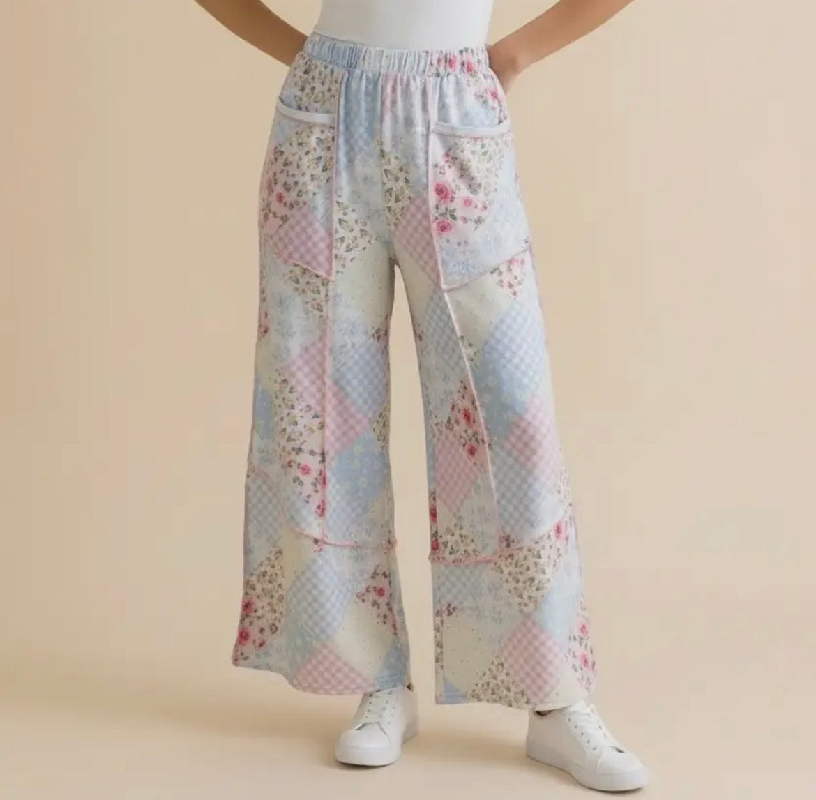 Floral Patchwork Reverse Stitch Wide Leg Pants