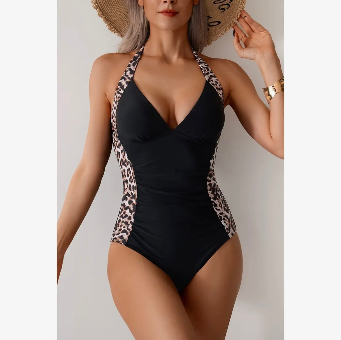 Printed Halter Deep V Neck Bodycon Swimsuit