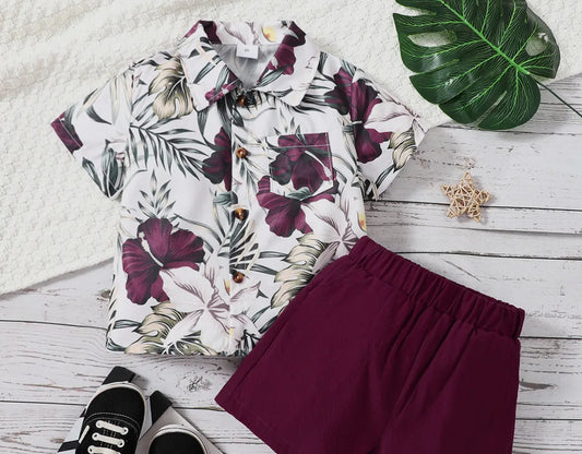 2pcs Toddler Boy Beach Floral Print Shirt and Short Set