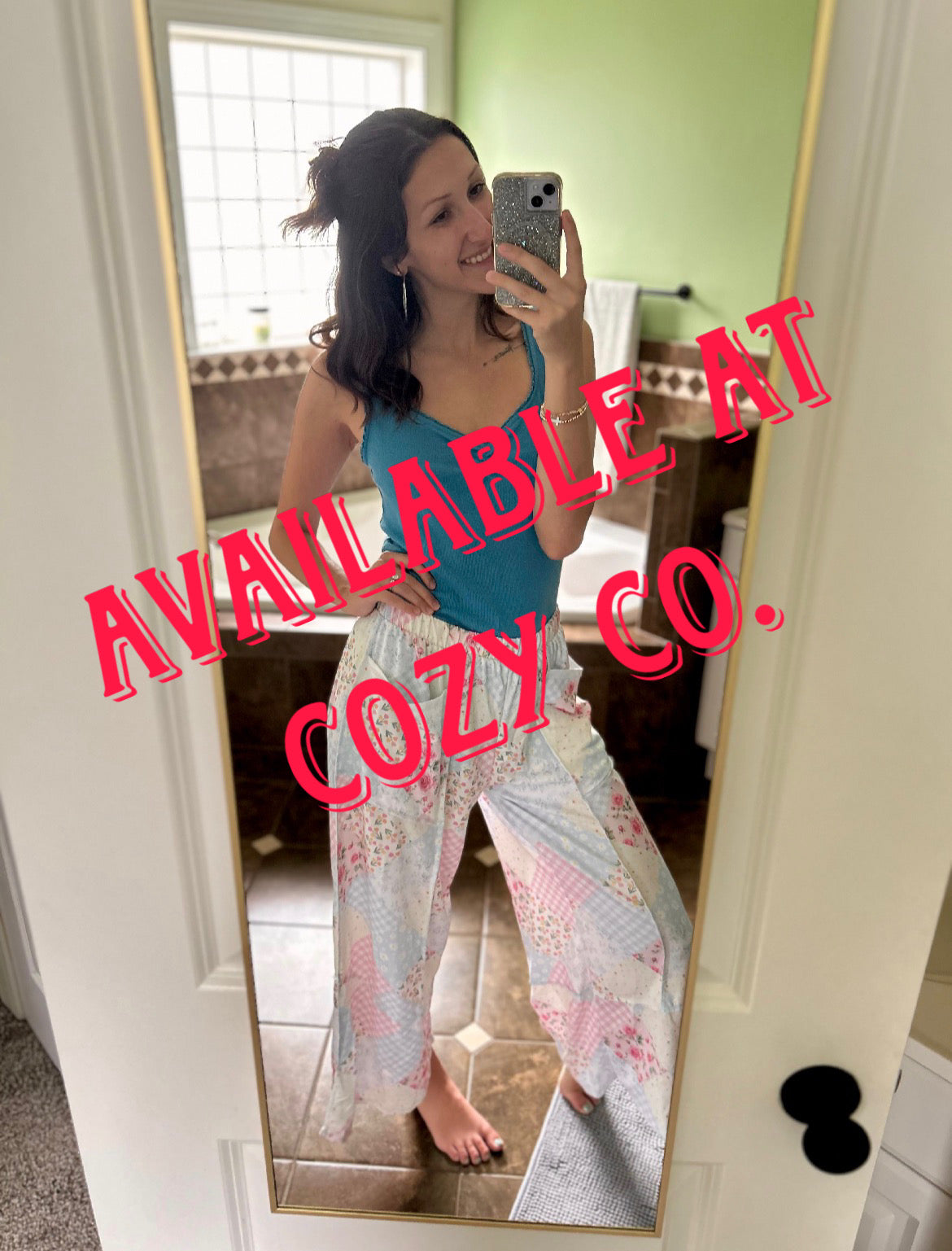 Floral Patchwork Reverse Stitch Wide Leg Pants